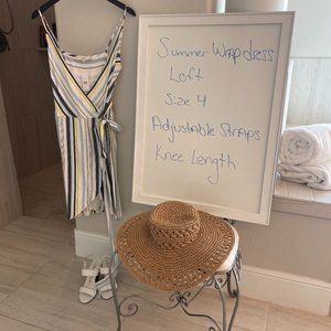 NWT Loft Striped Wrap Around Dress in Rayon | Blue White & Yellow Stripe Sz4